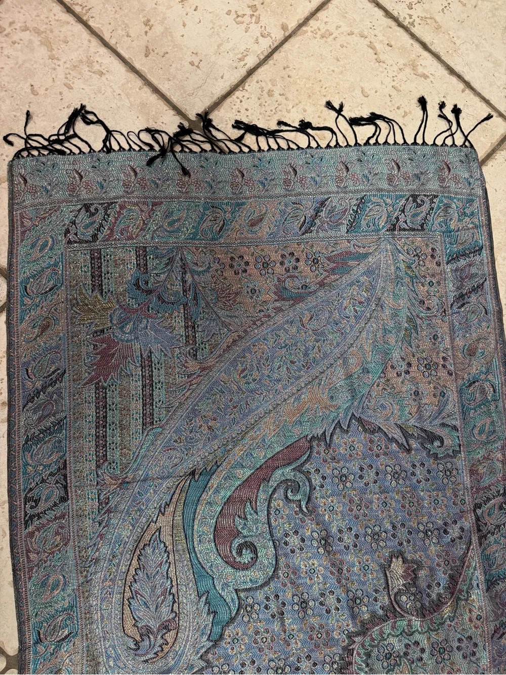 pashmina Teal, Purple & Black Paisley Woven Shawl with Fringe